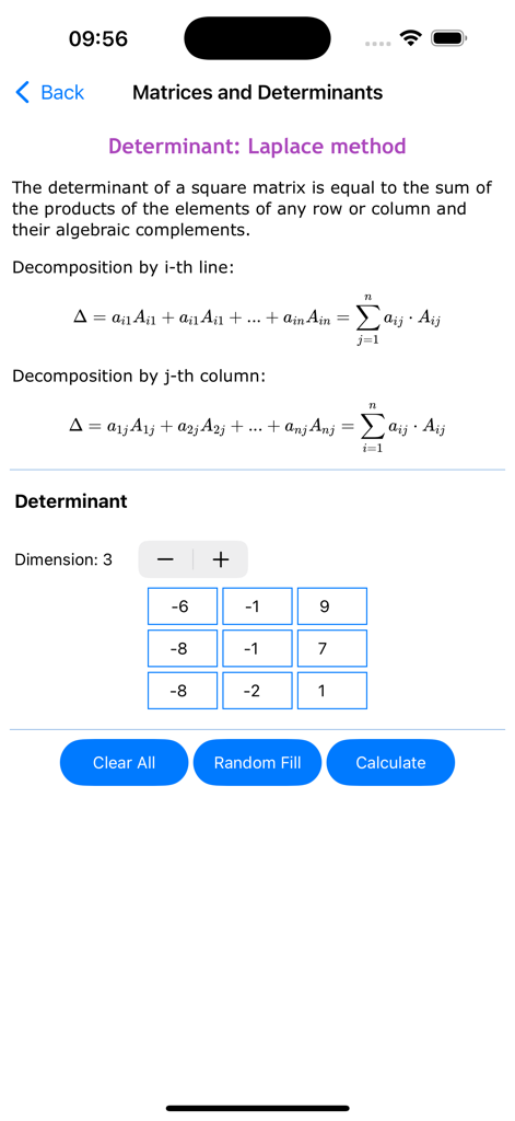 Bildschirm der Lineare Algebra App, der Formeln der Laplace-Methode und eine 3x3-Matrix-Eingabefläche zeigt.
