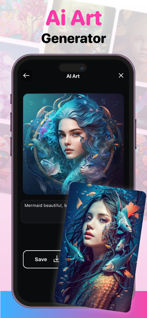Mobile app interface of the AI Art Generator feature showing two digital illustrations of a mermaid with blue hair and fish