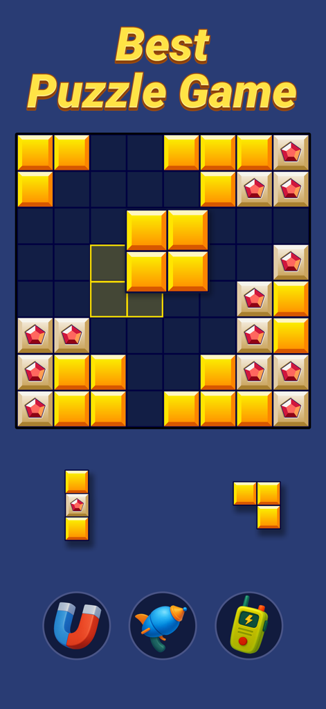 グリッド上に黄色のタイルと赤い宝石、そしてパワーアップアイコンが配置されたブロックパズルゲーム画面。