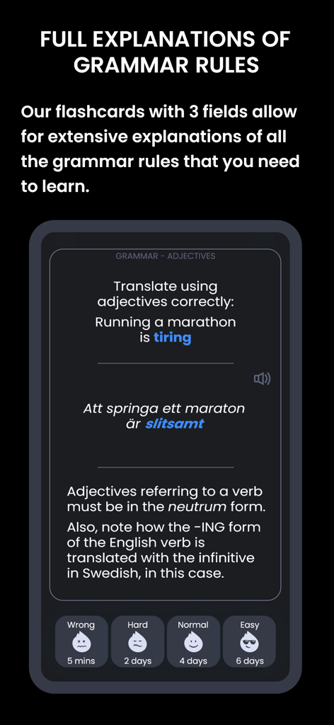 Mjølnir Swedish - A flashcard from the Mjølnir Swedish app showing a grammar lesson on adjectives with a Swedish translation and a detailed explanation of the rule.