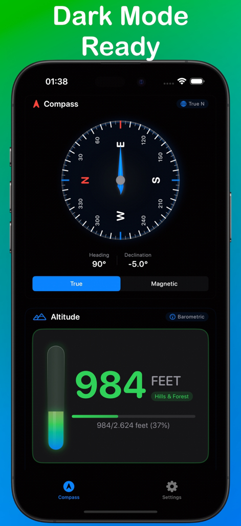 TrueNorth: Compass, Altimeter - TrueNorth app interface in dark mode showing a professional compass and digital altimeter.