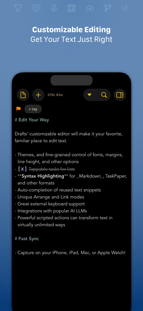 A screenshot of the Drafts app showing its customizable text editor with Markdown syntax highlighting and automation features.