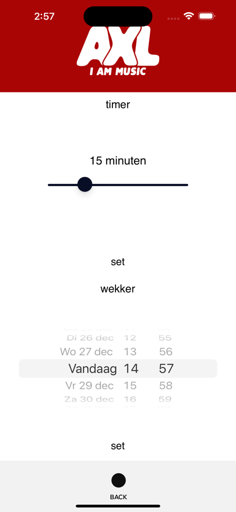 AXL - Écran des paramètres de la minuterie et du réveil de l'application musicale AXL