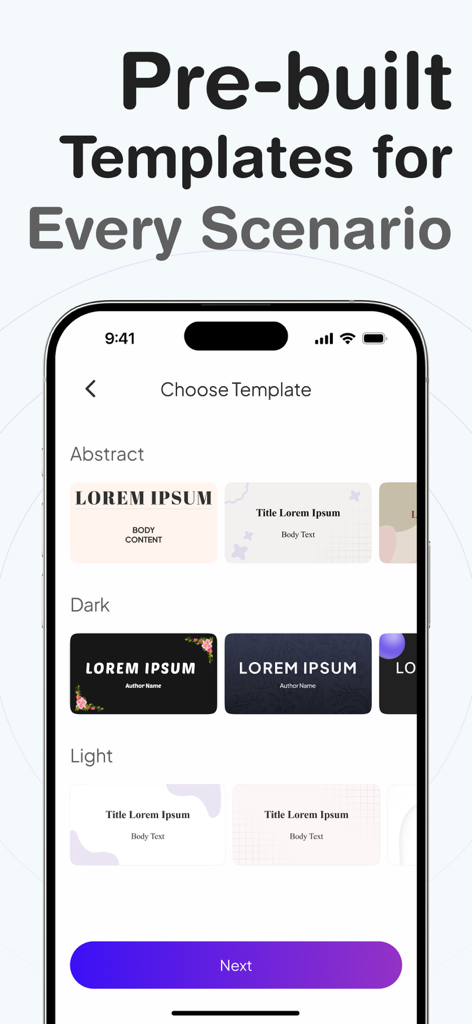 Beautiful AI Slides by GammaAI - A screen showing various pre-built presentation templates in the DeckAI app categorized by abstract, dark, and light styles.