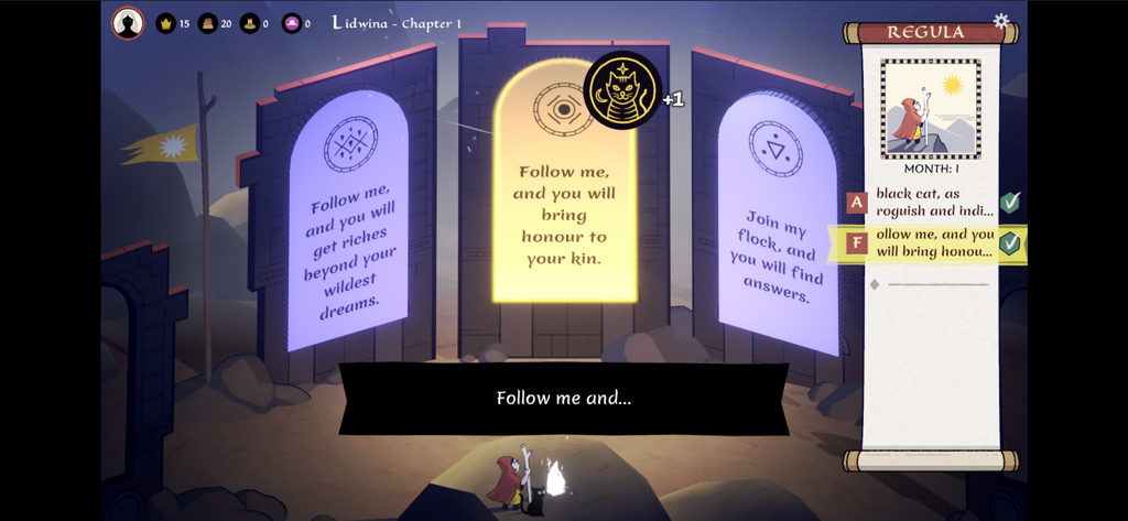 Becoming Saint - A gameplay screen in Becoming Saint showing a choice between three different religious doctrines on glowing pillars