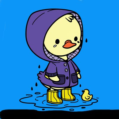 baby duck in a rain coat and boots, in a puddle while it’s raining