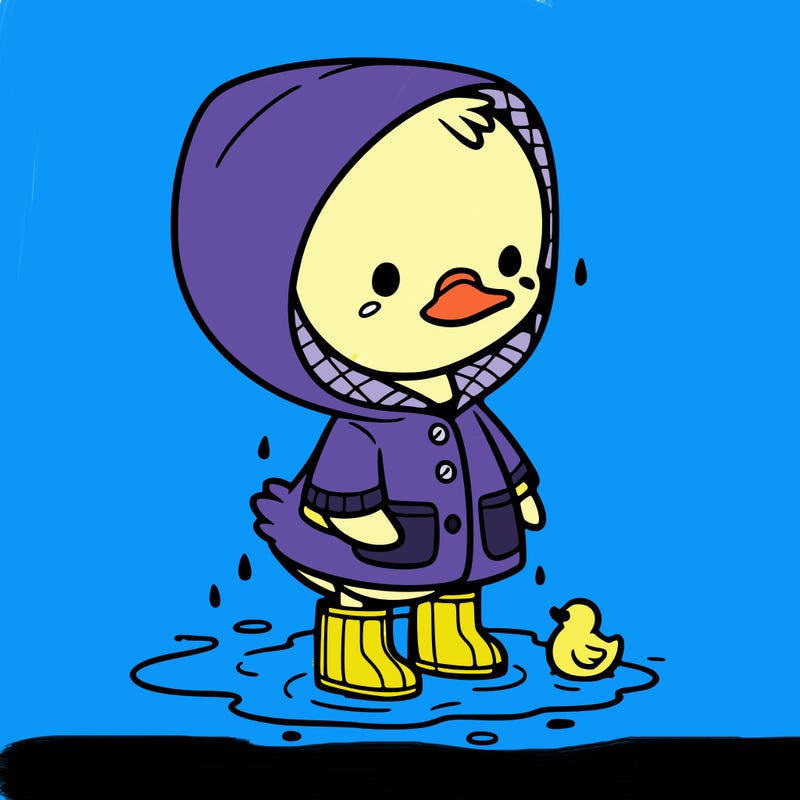 baby duck in a rain coat and boots, in a puddle while it’s raining