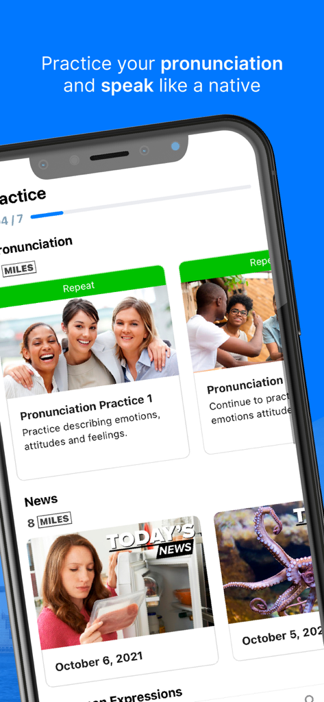 Open English app screen featuring pronunciation practice and language learning activities.