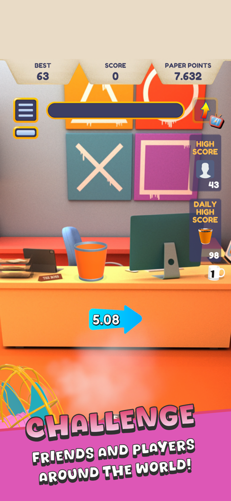 Paper Toss + - Pantalla de jugabilidad de Paper Toss Plus mostrando un escritorio de oficina con una papelera y puntuaciones de la tabla de clasificación mundial.