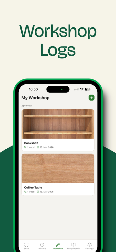 Wood Identifier: AI Lumber - Wood Identifierアプリの「マイワークショップ」セクションのスクリーンショット。本棚とコーヒーテーブルのプロジェクトログが表示されている