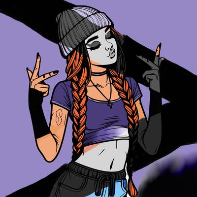 realistic teenage girl with braids and a beanie and crop top doing 🫶🏼