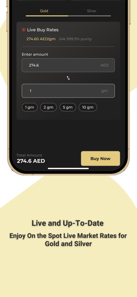Interfaz de la aplicación OGold Wallet que muestra precios de oro en vivo y opciones de comprar ahora