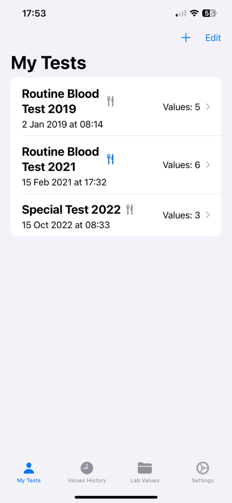 Lab Tracker - Interface of Lab Tracker app displaying a chronological list of blood test records.