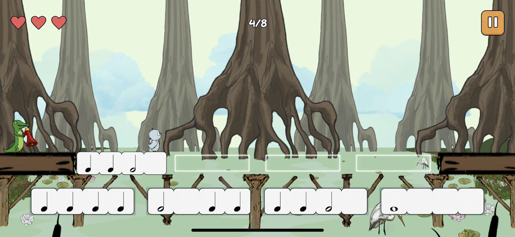 ozzy.games - Educational music game showing rhythm blocks and cartoon characters in a swamp