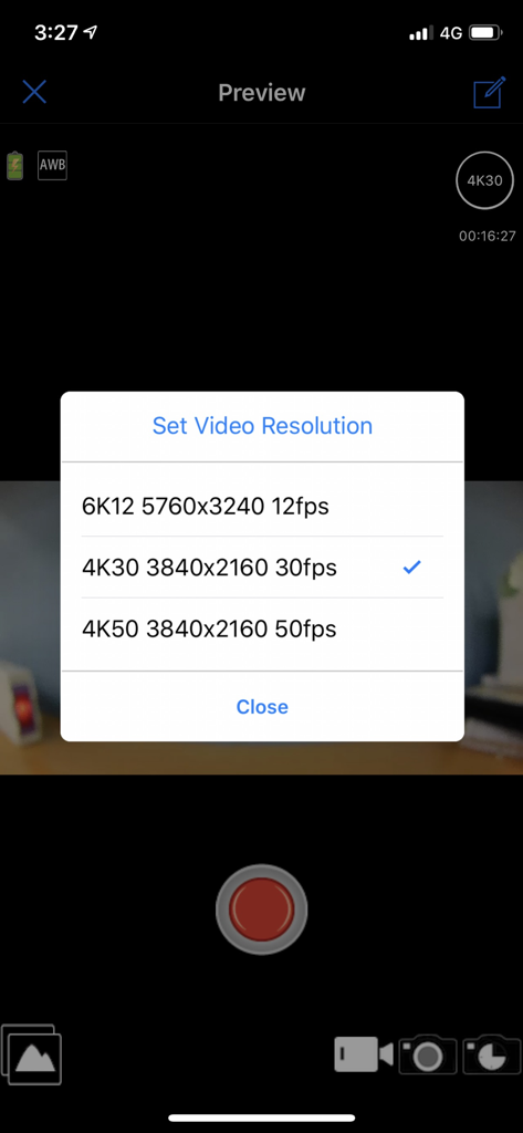 iSmart DV2 - Menu delle impostazioni di risoluzione video di iSmart DV2 che mostra le opzioni 4K e 6K.