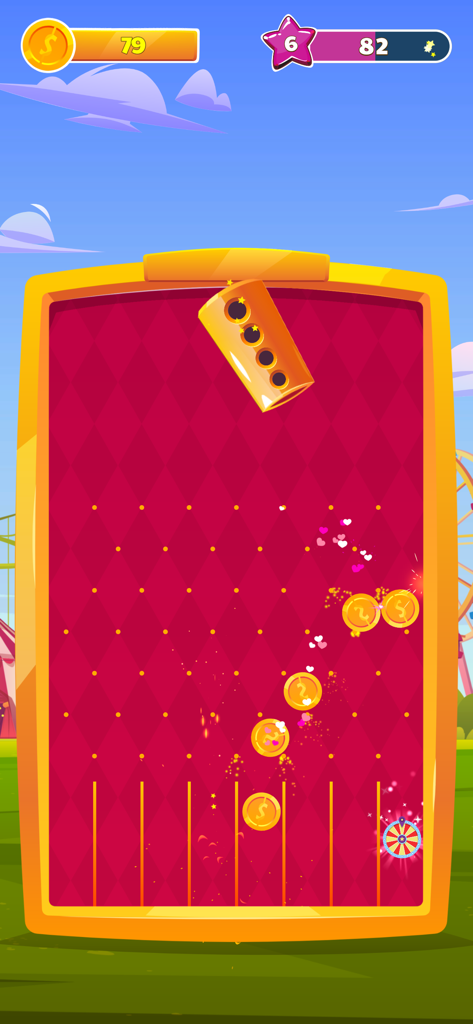 Coin Blast - Gameplay screenshot of Coin Blast showing gold coins falling through a peg board into scoring slots at the bottom.