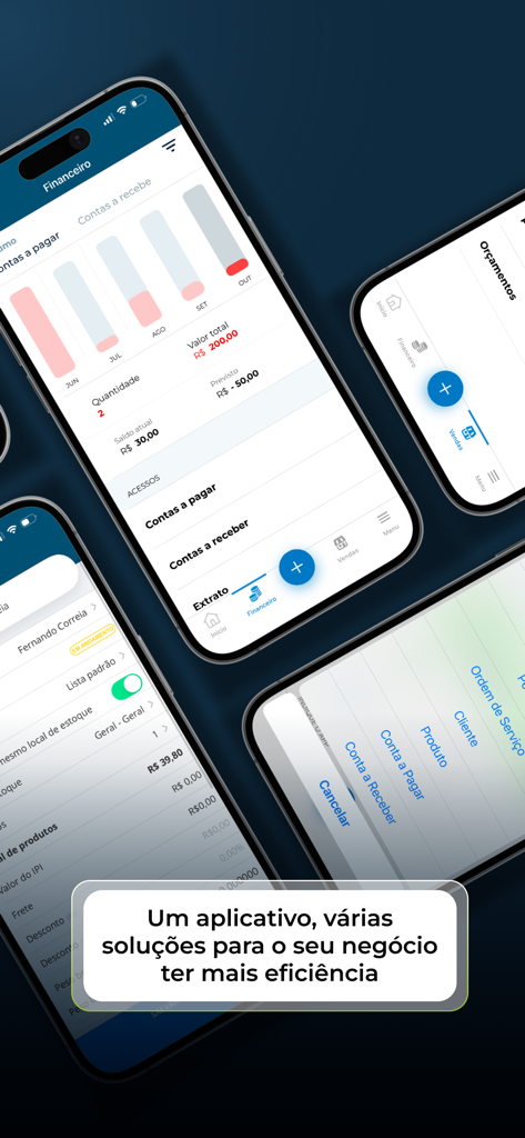 Multiple smartphone screens showing the VHSYS app financial dashboard and business management tools