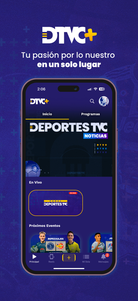 DTVC plus app home screen showing live soccer and sports news from Honduras.
