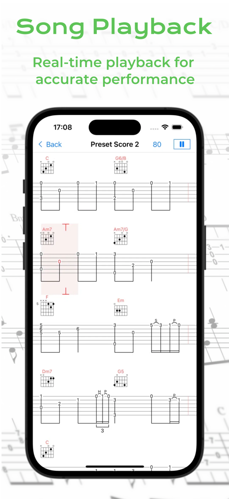 Interfaz de la aplicación Guitar Creator Pro mostrando la reproducción de canciones en tiempo real con tablaturas de guitarra y diagramas de acordes