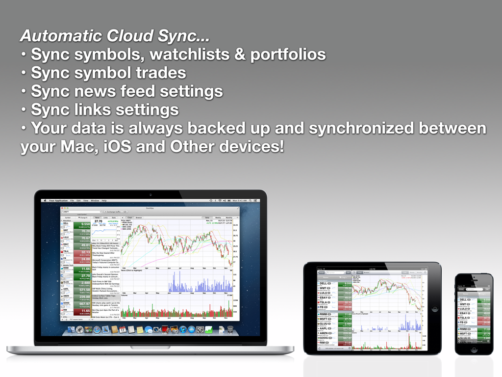 StockSpy HD: Real-time Quotes - StockSpy HD app interface showing automatic cloud sync across Mac iPad and iPhone