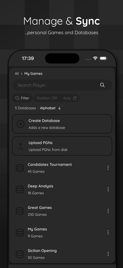 ChessBase Mobile - チェスベースモバイルアプリのインターフェース。チェス棋譜データベースとPGNファイルを管理および同期する画面を示している
