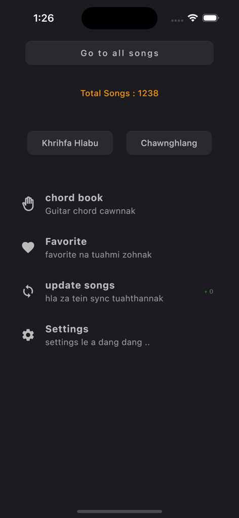 Laihla Lyrics - Main menu of the Laihla Lyrics app showing options for Christian hymnal, responsive readings, guitar chords, and favorites