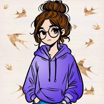 teen girl with a messy bun and glasses wearing a loose hoodie and jeans