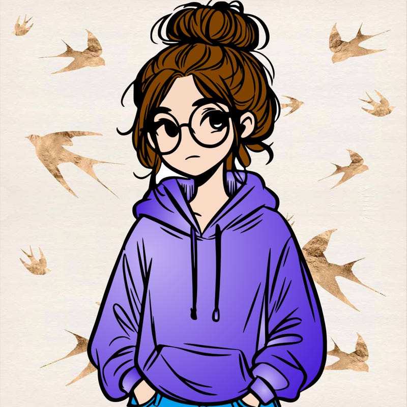 teen girl with a messy bun and glasses wearing a loose hoodie and jeans