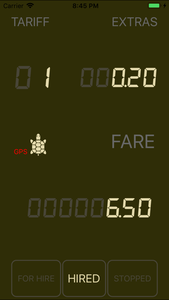 Taximeter 1.0 - Taximeter 1.0 app screen displaying current fare and hired status