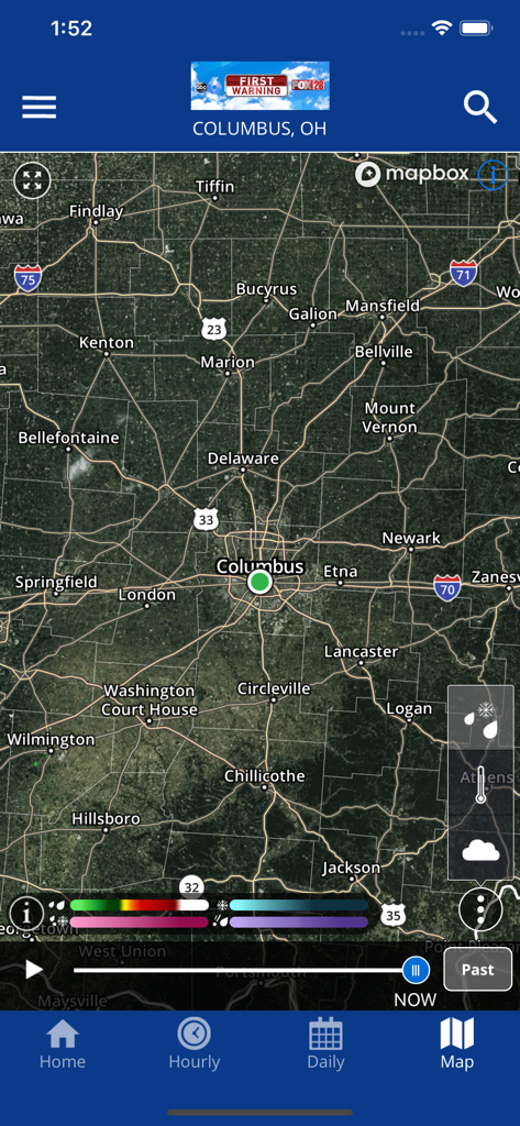 OHIO WX - Mapa de radar meteorológico interativo mostrando Columbus Ohio e cidades vizinhas no aplicativo OHIO WX.