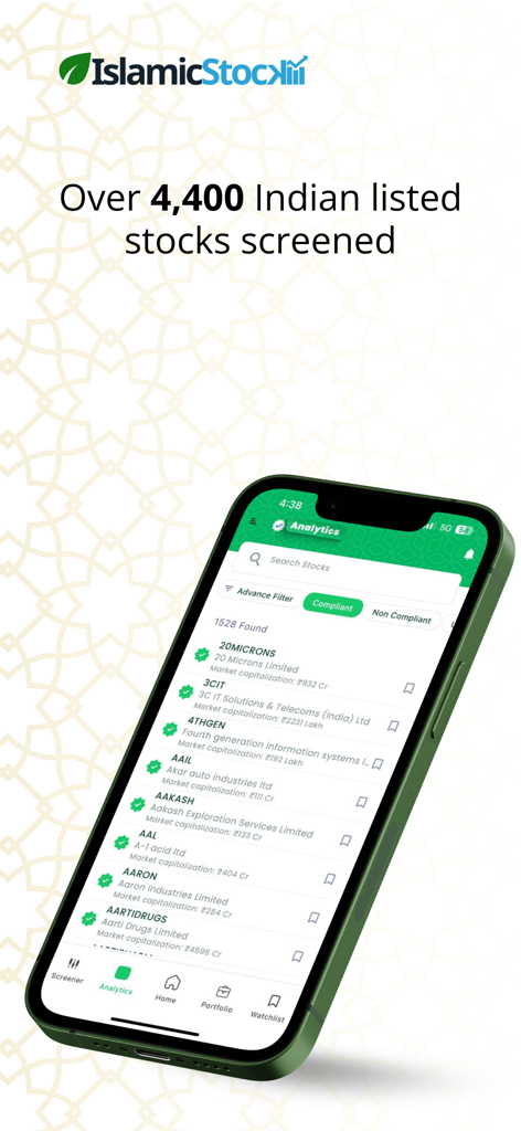 IslamicStock app interface showing a list of Shariah compliant Indian stocks