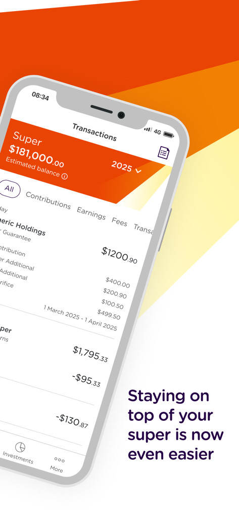 AustralianSuper - A screenshot of the AustralianSuper app displaying account transactions, estimated balance, and superannuation contributions.
