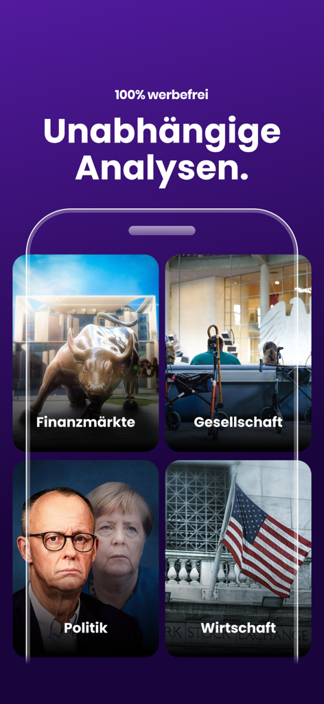 L'écran de l'application The Pioneer affichant des catégories d'actualités pour les marchés financiers, la société, la politique et l'économie, avec un accent sur l'analyse indépendante.