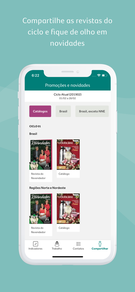 O Boticarioスーパーバイザーアプリのインターフェース。製品カタログと販売担当者向けの共有オプションが表示されています。