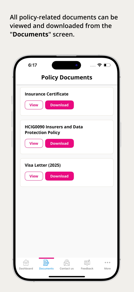 HCI Group - HCI Group mobile app screen showing a list of downloadable policy documents including insurance certificates and visa letters