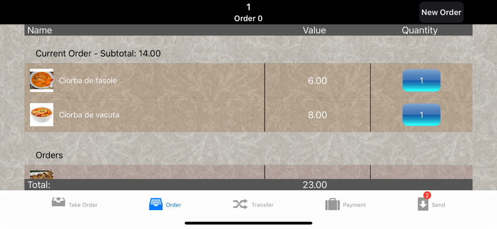 POSnet - POSnet mobile app interface showing a restaurant order with food items and subtotal