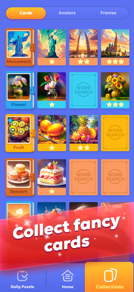 Word Search Pro‧ - La interfaz de colección de tarjetas de Word Search Pro que muestra conjuntos de tarjetas temáticas vibrantes como flores y monumentos.