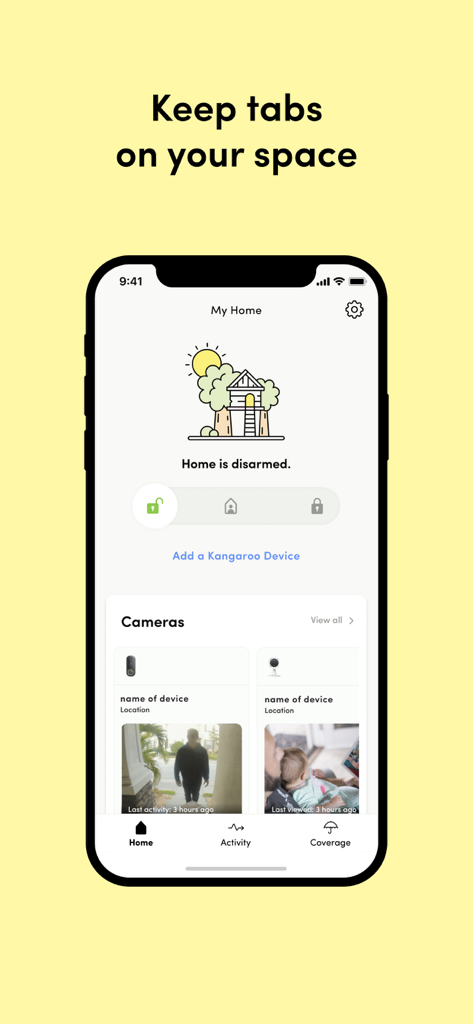 Kangaroo: Simple Home Security - A smartphone showing the Kangaroo home security app dashboard with status monitoring and camera feeds