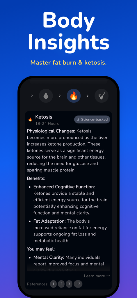 Fasting Tracker • Easy Fast - Pantalla de información en la aplicación Easy Fast que detalla los cambios fisiológicos y beneficios de la etapa de ayuno de cetosis.