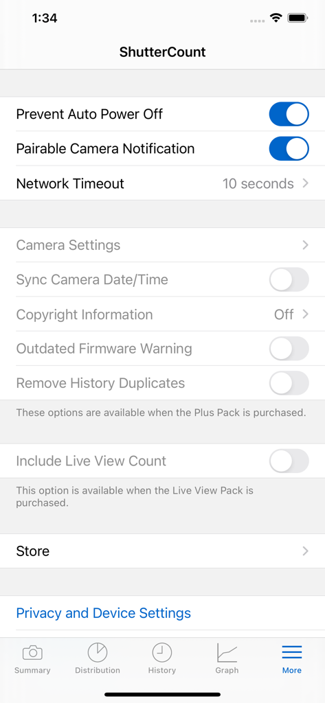 ShutterCount Mobile - ShutterCount Mobile settings menu showing camera management and advanced feature options.