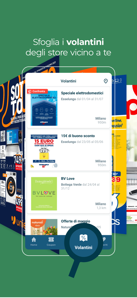 Interface de l'application Trovaprezzi montrant les prospectus numériques de détaillants italiens comme Esselunga et Bottega Verde