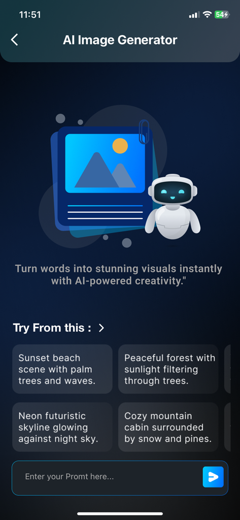 VisualGPT: AI Mind Map ChatBot - Interface of VisualGPT app showing the AI image generator feature with sample text prompts and input field