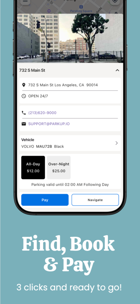 ParkUp App - Interface of ParkUp app showing parking rates and booking options in Los Angeles