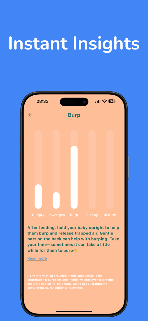 Shhush: AI Baby Cry Analyzer - Shhush app screenshot showing a cry analysis bar chart identifying the need for a burp with corresponding parenting tips.