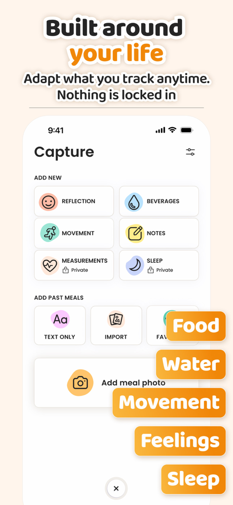 AteMate app capture screen with options for logging food movement sleep and mindful reflections