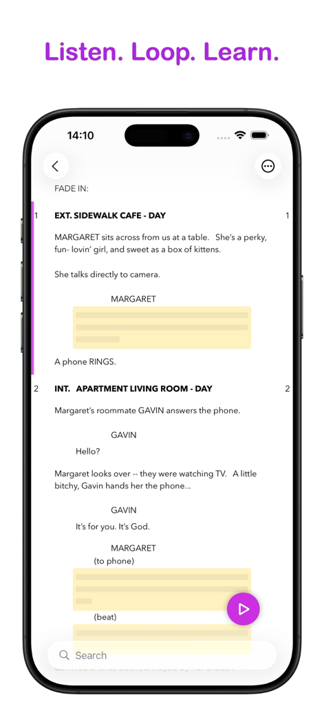 iPhone screen displaying a movie script with highlighted and masked character lines for actor rehearsal