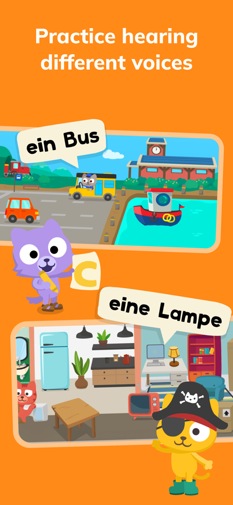 バスとランプのドイツ語の語彙を、異なる声で教える漫画の猫。