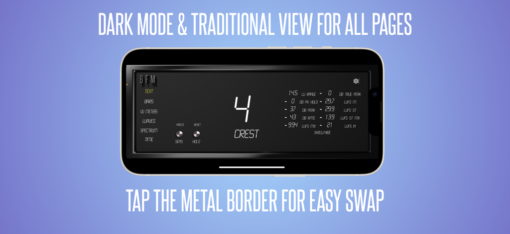 BFM - Metering Suite - Interface BFM Metering Suite en mode sombre affichant un facteur de crête élevé et des métriques audio professionnelles sur un appareil mobile
