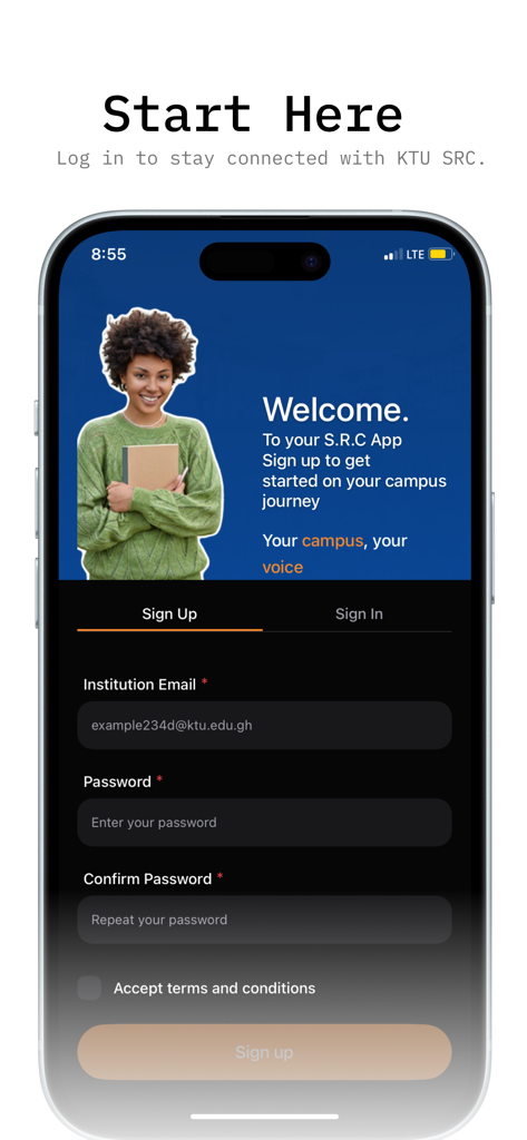 Schermata di registrazione per la piattaforma studentesca KTU SRC con campi email istituzionale e password.