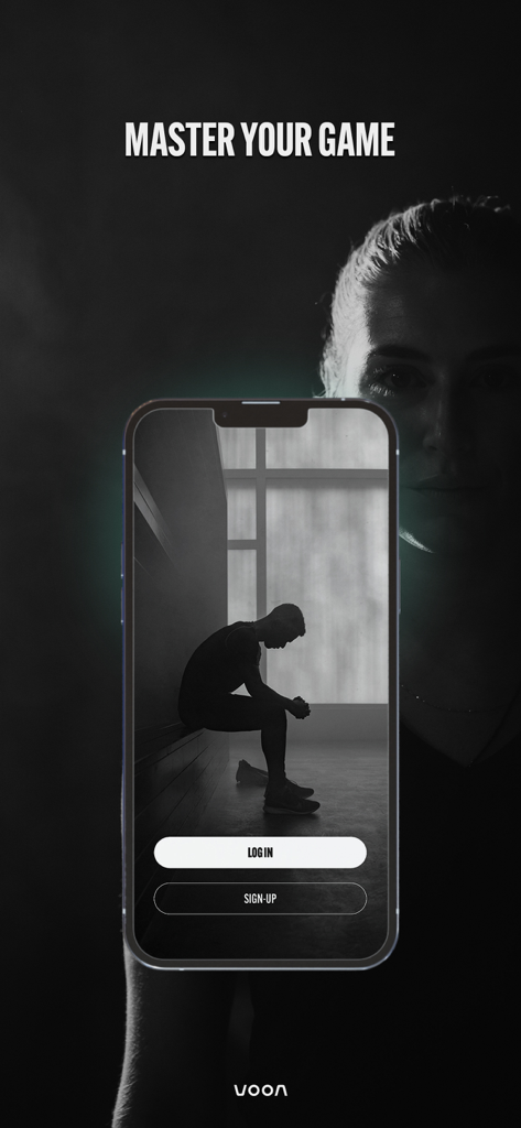 Voon Sports - Voon Sports app login screen with the slogan Master Your Game featuring a soccer player silhouette in a locker room